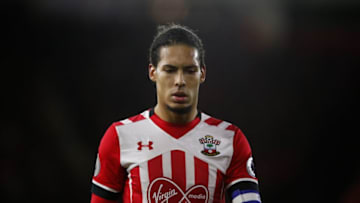 Southampton's Dutch defender Virgil van Dijk reacts during the EFL (English Football League) Cup semi-final first-leg football match between Southampton and Liverpool at St Mary's Stadium in Southampton, southern England on January 11, 2017. / AFP / Adrian DENNIS / RESTRICTED TO EDITORIAL USE. No use with unauthorized audio, video, data, fixture lists, club/league logos or 'live' services. Online in-match use limited to 75 images, no video emulation. No use in betting, games or single club/league/player publications. / (Photo credit should read ADRIAN DENNIS/AFP/Getty Images)