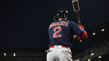 Sep 10, 2022; Baltimore, Maryland, USA; Boston Red Sox shortstop Xander Bogaerts (2) stands in the on deck circle during the eighth inning against the Baltimore Orioles at Oriole Park at Camden Yards. Mandatory Credit: James A. Pittman-USA TODAY Sports