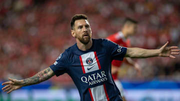 LISBON, PORTUGAL - OCTOBER 05: Lionel Messi of Paris Saint-Germain celebrates scoring Paris Saint-Germain goal during the UEFA Champions League group H match between SL Benfica and Paris Saint-Germain at Estadio do Sport Lisboa e Benfica on October 5, 2022 in Lisbon, Portugal. (Photo by Carlos Rodrigues/Getty Images)