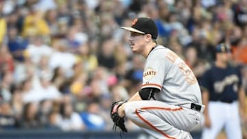 May 25, 2015; Milwaukee, WI, USA; San Francisco Giants pitcher Tim Lincecum (55) waits for umpires to decide Milwaukee Brewers left fielder Khris Davis (not pictured) touched home plate after hitting a home run in the first inning at Miller Park. Mandatory Credit: Benny Sieu-USA TODAY Sports