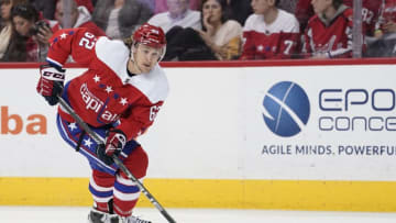 WASHINGTON, DC - APRIL 06: Carl Hagelin #62 of the Washington Capitals skates with the puck in the third period against the New York Islanders at Capital One Arena on April 6, 2019 in Washington, DC. (Photo by Patrick McDermott/NHLI via Getty Images)