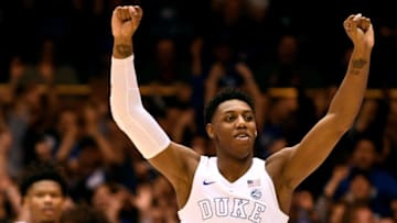 DURHAM, NORTH CAROLINA - MARCH 05: RJ Barrett #5 of the Duke Blue Devils celebrates as time expires during thewin against the Wake Forest Demon Deacons at Cameron Indoor Stadium on March 05, 2019 in Durham, North Carolina. Duke won 71-70. (Photo by Grant Halverson/Getty Images)