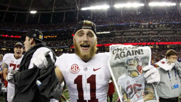 Dec 3, 2016; Atlanta, GA, USA; Alabama Crimson Tide wide receiver Gehrig Dieter (11) celebrates after the SEC Championship college football game against the Florida Gators at Georgia Dome. Alabama Crimson Tide won 54-16. Mandatory Credit: Brett Davis-USA TODAY Sports
