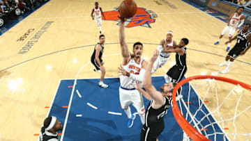 NEW YORK, NY - OCTOBER 3: Enes Kanter #00 of the New York Knicks shoots the ball against the Brooklyn Nets during the preseason game on October 3, 2017 at Madison Square Garden in New York City, New York. Copyright 2017 NBAE (Photo by Nathaniel S. Butler/NBAE via Getty Images)