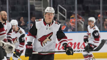 EDMONTON, AB - JANUARY 18: Christian Dvorak #18 of the Arizona Coyotes skates against the Edmonton Oilers on January 18, 2020, at Rogers Place in Edmonton, Alberta, Canada. (Photo by Andy Devlin/NHLI via Getty Images)