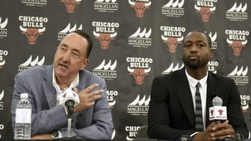 Jul 29, 2016; Chicago, IL, USA; Chicago Bulls guard Dwayne Wade (right) and Bulls general manager Gar Forman address the media during a press conference at Advocate Center. Mandatory Credit: David Banks-USA TODAY Sports