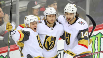 NEWARK, NJ - DECEMBER 03: Vegas Golden Knights center Jonathan Marchessault (81) celebrates with teammates after scoring during the National Hockey League game between the New Jersey Devils and the Vegas Golden Knights on December 3, 2019 at the Prudential Center in Newark, NJ. (Photo by Rich Graessle/Icon Sportswire via Getty Images)