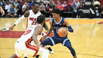 MIAMI, FLORIDA - OCTOBER 23: Ja Morant #12 of the Memphis Grizzlies in action against the Miami Heat at American Airlines Arena on October 23, 2019 in Miami, Florida. NOTE TO USER: User expressly acknowledges and agrees that, by downloading and/or using this photograph, user is consenting to the terms and conditions of the Getty Images License Agreement. (Photo by Ron Elkman/Sports Imagery/Getty Images)