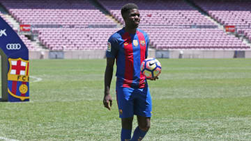 Samuel Umtiti during his presentation for the FC Barcelona, held in the Camp Nou stadium, on 15 july 2016. (Photo by Urbanandsport/NurPhoto via Getty Images)