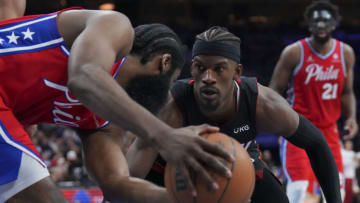 Jimmy Butler #22 of the Miami Heat guards James Harden #1 of the Philadelphia 76ers(Photo by Mitchell Leff/Getty Images)