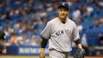 Sep 21, 2016; St. Petersburg, FL, USA;New York Yankees starting pitcher Masahiro Tanaka (19) walks back to the dugout against the Tampa Bay Rays at Tropicana Field. Mandatory Credit: Kim Klement-USA TODAY Sports
