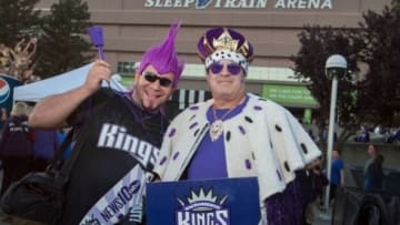 Oct 30, 2013; Sacramento, CA, USA; Sacramento Kings fans Ali Gilani and King Oui Stayid pose for a picture before the game between the Sacramento Kings and Denver Nuggets at Sleep Train Arena. Mandatory Credit: Ed Szczepanski-USA TODAY Sports