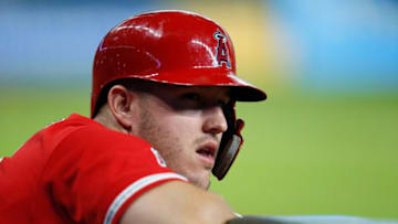 HOUSTON, TX - SEPTEMBER 22: Mike Trout #27 of the Los Angeles Angels of Anaheim waits to bat in the first inning against the Houston Astros at Minute Maid Park on September 22, 2018 in Houston, Texas. (Photo by Bob Levey/Getty Images)