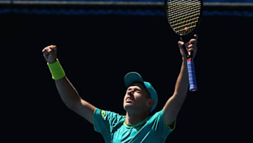 MELBOURNE, AUSTRALIA - DECEMBER 17: Alex De Minaur of Australia celebrates a win in his match against Alex Bolt of Australia during the Australian Open December Showdown at Melbourne Park on December 17, 2017 in Melbourne, Australia. (Photo by Robert Prezioso/Getty Images)