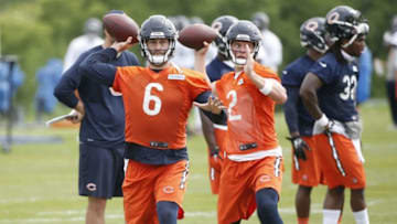 May 25, 2016; Lake Forest, IL, USA; Chicago Bears quarterbacks Jay Cutler (6) and Ben LeCompte (2) during the OTA practice at Halas Hall. Mandatory Credit: Kamil Krzaczynski-USA TODAY Sports