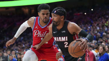 Gabe Vincent #2 of the Miami Heat drives to the basket against Tobias Harris #12 of the Philadelphia 76ers(Photo by Mitchell Leff/Getty Images)