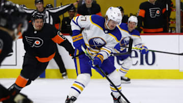 Apr 11, 2021; Philadelphia, Pennsylvania, USA; Buffalo Sabres winger Casey Mittelstadt (37) carries the puck in the third period against the Philadelphia Flyers at Wells Fargo Center. Mandatory Credit: Kyle Ross-USA TODAY Sports