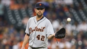 Apr 15, 2016; Houston, TX, USA; Detroit Tigers starting pitcher Mike Pelfrey reacts after a play during the second inning against the Houston Astros at Minute Maid Park. Mandatory Credit: Troy Taormina-USA TODAY Sports
