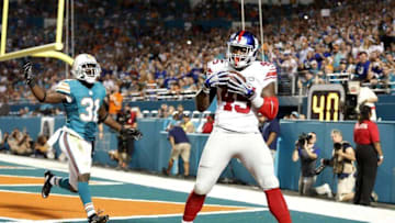Dec 14, 2015; Miami Gardens, FL, USA; New York Giants tight end Will Tye (45) catches touchdown pass in front of Miami Dolphins safety Michael Thomas (31) during the first half at Sun Life Stadium. Mandatory Credit: Steve Mitchell-USA TODAY Sports