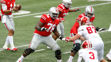 Nov 21, 2020; Columbus, Ohio, USA; Ohio State Buckeyes offensive tackle Nicholas Petit-Frere (78) blocks during the third quarter against the Indiana Hoosiers at Ohio Stadium. Mandatory Credit: Joseph Maiorana-USA TODAY Sports