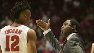 Nov 11, 2016; Tuscaloosa, AL, USA; Alabama Crimson Tide head coach Avery Johnson talks to guard Dazon Ingram (12) during the game against Coastal Carolina Chanticleers at Coleman Coliseum. Mandatory Credit: Marvin Gentry-USA TODAY Sports