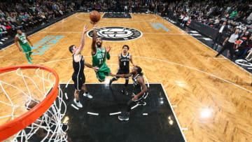 BROOKLYN, NY - JANUARY 6: Kyrie Irving #11 of the Boston Celtics shoots the ball against the Brooklyn Nets on January 6, 2018 at Barclays Center in Brooklyn, New York. NOTE TO USER: User expressly acknowledges and agrees that, by downloading and/or using this photograph, user is consenting to the terms and conditions of the Getty Images License Agreement. Mandatory Copyright Notice: Copyright 2018 NBAE (Photo by Nathaniel S. Butler/NBAE via Getty Images)