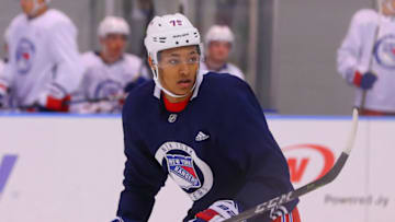 NEW YORK, NY - JUNE 29: New York Rangers Defenseman K'Andre Miller (79) skates during New York Rangers Prospect Development Camp on June 29, 2018 at the MSG Training Center in New York, NY. (Photo by Rich Graessle/Icon Sportswire via Getty Images)