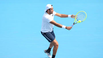 MELBOURNE, AUSTRALIA - JANUARY 15: Matteo Berrettini of Italy plays a backhand in his Men’s Singles match against Marc Polmans of Australia during day two of the 2020 Kooyong Classic at Kooyong on January 15, 2020 in Melbourne, Australia. (Photo by Mike Owen/Getty Images)