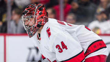 CHICAGO, IL - NOVEMBER 19: Carolina Hurricanes goalie Petr Mrazek (34) stands in goal in the second period during an NHL hockey game between the Carolina Hurricanes and the Chicago Blackhawks on November 19, 2019, at the United Center in Chicago, IL. (Photo By Daniel Bartel/Icon Sportswire via Getty Images)