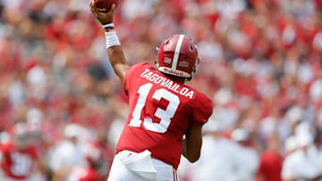 TUSCALOOSA, AL - SEPTEMBER 08: Tua Tagovailoa #13 of the Alabama Crimson Tide passes against the Arkansas State Red Wolves at Bryant-Denny Stadium on September 8, 2018 in Tuscaloosa, Alabama. (Photo by Kevin C. Cox/Getty Images)