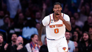 NEW YORK, NEW YORK - OCTOBER 24: Cam Reddish #0 of the New York Knicks reacts after making a basket during the first quarter of the game against the Orlando Magic at Madison Square Garden on October 24, 2022 in New York City. NOTE TO USER: User expressly acknowledges and agrees that, by downloading and or using this photograph, User is consenting to the terms and conditions of the Getty Images License Agreement. (Photo by Dustin Satloff/Getty Images)