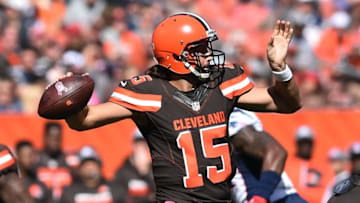 Oct 9, 2016; Cleveland, OH, USA; Cleveland Browns quarterback Charlie Whitehurst (15) throws a pass during the second quarter against the New England Patriots at FirstEnergy Stadium. Mandatory Credit: Ken Blaze-USA TODAY Sports