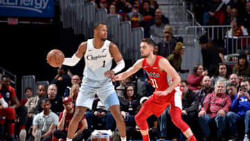CLEVELAND, OH - JANUARY 29: Rodney Hood #1 of the Cleveland Cavaliers handles the ball against Tomas Satoransky #31 of the Washington Wizards on January 29, 2019 at Quicken Loans Arena in Cleveland, Ohio. NOTE TO USER: User expressly acknowledges and agrees that, by downloading and/or using this Photograph, user is consenting to the terms and conditions of the Getty Images License Agreement. Mandatory Copyright Notice: Copyright 2019 NBAE (Photo by David Liam Kyle/NBAE via Getty Images)