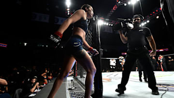 NORFOLK, VA - NOVEMBER 11: Tatiana Suarez prepares to enter the Octagon prior to facing Viviane Pereira of Brazil in their women's strawweight bout during the UFC Fight Night event inside the Ted Constant Convention Center on November 11, 2017 in Norfolk, Virginia. (Photo by Brandon Magnus/Zuffa LLC/Zuffa LLC via Getty Images)