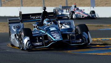 SONOMA, CA - SEPTEMBER 17: Josef Newgarden, driver of the #2 hum by Verizon Chevrolet, leads Will Power, driver of the #12 Verizon Chevrolet, during the Verizon IndyCar Series GoPro Grand Prix of Sonoma at Sonoma Raceway on September 17, 2017 in Sonoma, California. (Photo by Robert Reiners/Getty Images)