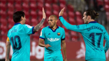 Barcelona´s Danish forward Martin Braithwaite (C) celebrates with Barcelona's Argentine forward Lionel Messi (L) and Barcelona's French forward Antoine Griezmann (Photo by JAIME REINA / AFP via Getty Images)