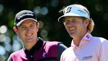 ATLANTA, GA - SEPTEMBER 23: Justin Rose of England (L) and Brandt Snedeker share a laugh on the fifth hole during the final round of the TOUR Championship by Coca-Cola at East Lake Golf Club on September 23, 2012 in Atlanta, Georgia. (Photo by Sam Greenwood/Getty Images)