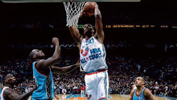 SAN ANTONIO - FEBRUARY 11: David Robinson #50 of the Eastern Conference All Stars attempts a dunk against Shaquille O'Neal #32 of the Eastern Conference All Stars during the 1996 NBA All Star Game played on February 11, 1996 at the Alamo Dome in San Antonio, Texas. NOTE TO USER: User expressly acknowledges that, by downloading and or using this photograph, User is consenting to the terms and conditions of the Getty Images License agreement. Mandatory Copyright Notice: Copyright 1996 NBAE (Photo by Noren Trotman/NBAE via Getty Images)