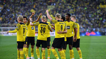 DORTMUND, GERMANY - APRIL 16: Erling Haaland of Borussia Dortmund celebrates after scoring his team´s sixth goal during the Bundesliga match between Borussia Dortmund and VfL Wolfsburg at Signal Iduna Park on April 16, 2022 in Dortmund, Germany. (Photo by Frederic Scheidemann/Getty Images)
