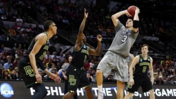 Mar 23, 2014; San Antonio, TX, USA; Creighton Bluejays forward Doug McDermott (3) shoots over Baylor Bears guard Kenny Chery (1) during the game in the third round of the 2014 NCAA Tournament at AT&T Center. Mandatory Credit: Kevin Jairaj-USA TODAY Sports