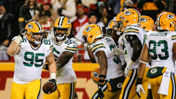 KANSAS CITY, MO - OCTOBER 27: Tyler Lancaster #95 of the Green Bay Packers celebrates his fumble recovery with teammates in the third quarter against the Kansas City Chiefs at Arrowhead Stadium on October 27, 2019 in Kansas City, Missouri. (Photo by David Eulitt/Getty Images)