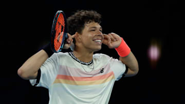 MELBOURNE, AUSTRALIA - JANUARY 21: Ben Shelton of the United States celebrates match point during the third round singles match against Alexei Popyrin of Australia during day six of the 2023 Australian Open at Melbourne Park on January 21, 2023 in Melbourne, Australia. (Photo by Darrian Traynor/Getty Images)