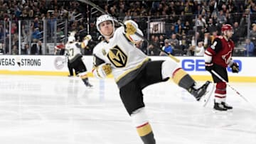 LAS VEGAS, NV - DECEMBER 3: Jonathan Marchessault #81 of the Vegas Golden Knights celebrates after scoring a goal against the Arizona Coyotes during the game at T-Mobile Arena on December 3, 2017 in Las Vegas, Nevada. (Photo by Jeff Bottari/NHLI via Getty Images)