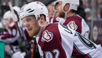 Feb 3, 2015; Dallas, TX, USA; Colorado Avalanche left wing Gabriel Landeskog (92) watches his team take on the Dallas Stars during the game at the American Airlines Center. The Avalanche defeat the Stars 3-2 in the overtime shootout. Mandatory Credit: Jerome Miron-USA TODAY Sports