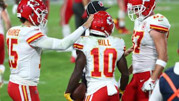 Nov 29, 2020; Tampa, Florida, USA; Kansas City Chiefs quarterback Patrick Mahomes (15) celebrates with Kansas City Chiefs quarterback Patrick Mahomes (15) and tight end Travis Kelce (87) his touchdown scored against the Tampa Bay Buccaneers during the second half at Raymond James Stadium. Mandatory Credit: Kim Klement-USA TODAY Sports