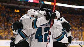 May 5, 2016; Nashville, TN, USA; San Jose Sharks right wing Joonas Donskoi (not pictured) celebrates with teammates after scoring a goal against the Nashville Predators during the second period in game four of the second round of the 2016 Stanley Cup Playoffs at Bridgestone Arena. Mandatory Credit: Aaron Doster-USA TODAY Sports