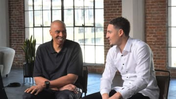 LOS ANGELES, CA - DECEMBER 17: Opus Bank and The Thompson Family Behind-the-Scenes at the "Solid Foundation" Video Shoot December 17, 2017 in Los Angeles, California. Pictured from left to right: Mychal Thompson and Klay Thompson. (Photo by Charley Gallay/Getty Images for Opus Bank)