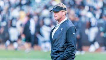 OAKLAND, CA - AUGUST 24: Oakland Raiders head coach Jon Gruden watches his team during the warmup before the NFL preseason game between the Oakland Raiders and Green Bay Packers on August 24, 2018 at the Oakland Alameda Coliseum in Oakland, CA. (Photo by Bob Kupbens/Icon Sportswire via Getty Images)