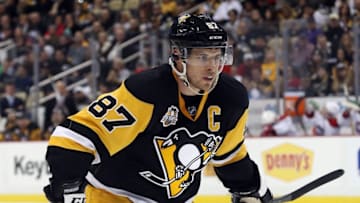 Dec 31, 2016; Pittsburgh, PA, USA; Pittsburgh Penguins center Sidney Crosby (87) readies at the face-off circle against the Montreal Canadiens during the third period at the PPG PAINTS Arena. The Pens won 4-3 in overtime. Mandatory Credit: Charles LeClaire-USA TODAY Sports