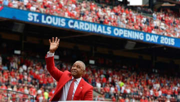 Apr 13, 2015; St. Louis, MO, USA; St. Louis Cardinal former player Ozzie Smith waives to the fans before the game between the St. Louis Cardinals and the Milwaukee Brewers at Busch Stadium. Mandatory Credit: Jasen Vinlove-USA TODAY Sports